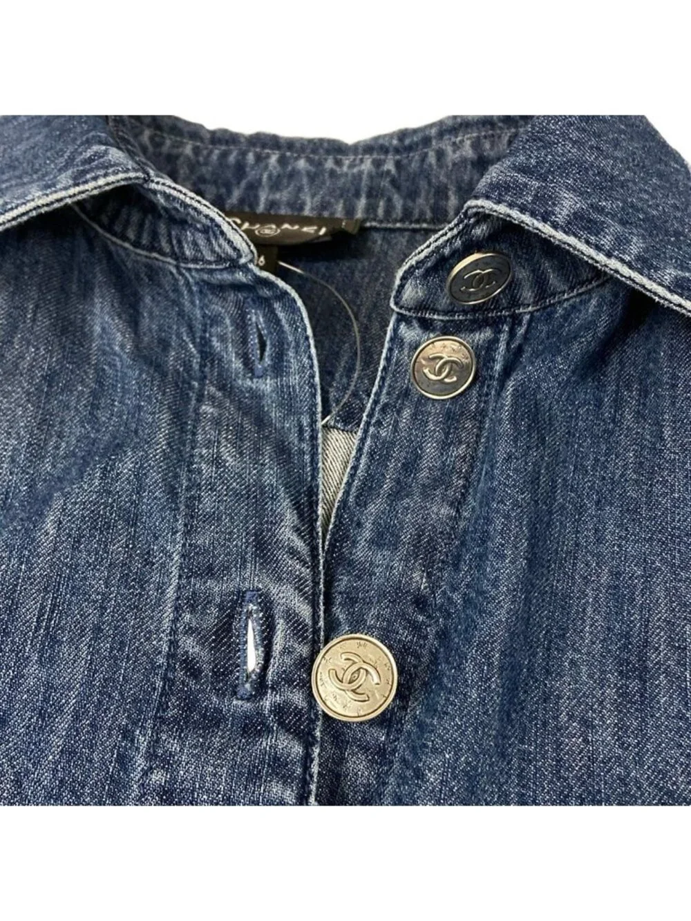 Chanel Long Sleeve Blouse S Blue Denim CC Logo Cotton 36